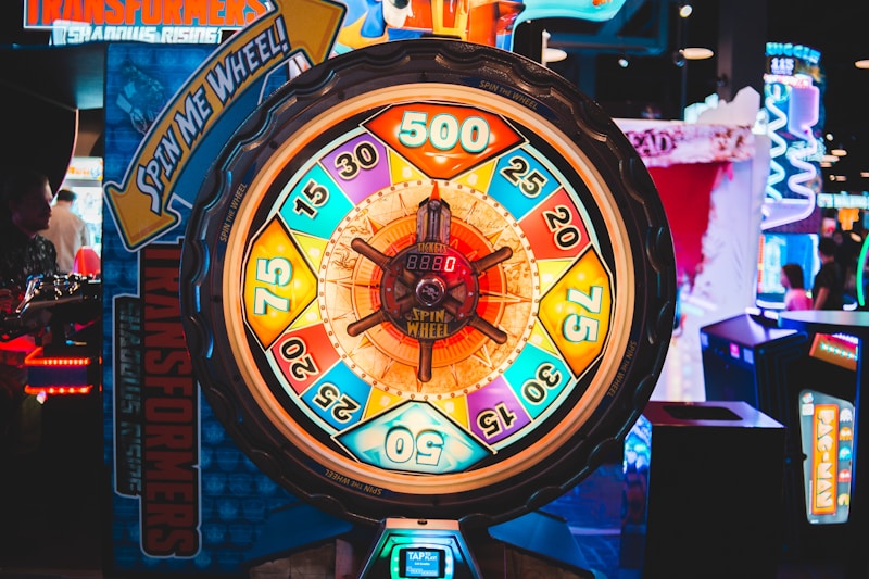 Colourful spinning prize wheel on a live game show set